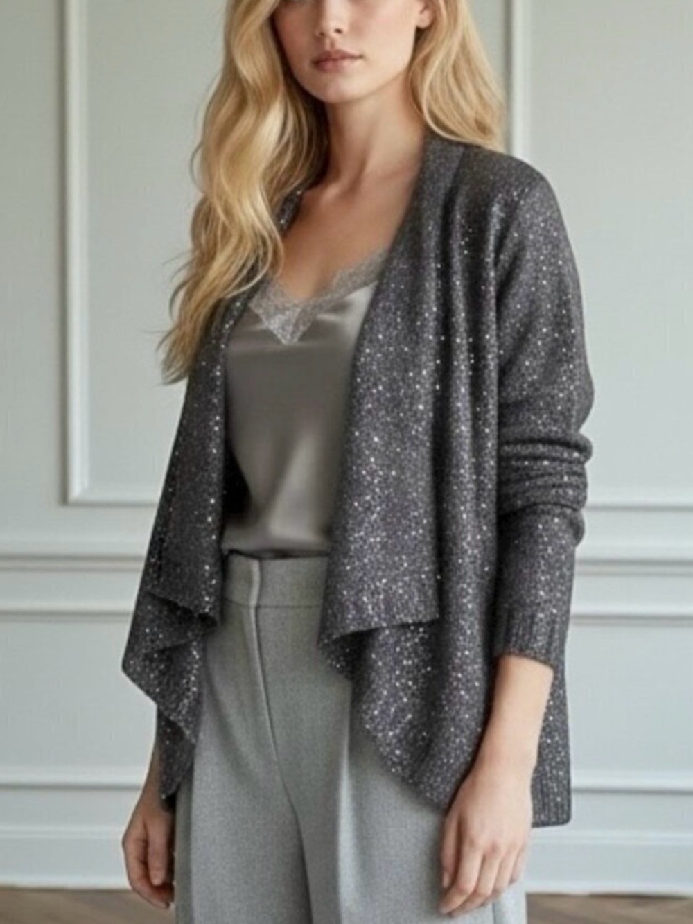NWT Sisters Sequin Open Front Mohair Cardigan Sz L Gray Evening Sweater Holiday